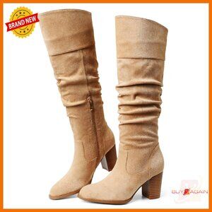 Suede Knee-High Boots Women's Chunky Heel Slouch Boots Side Zipper